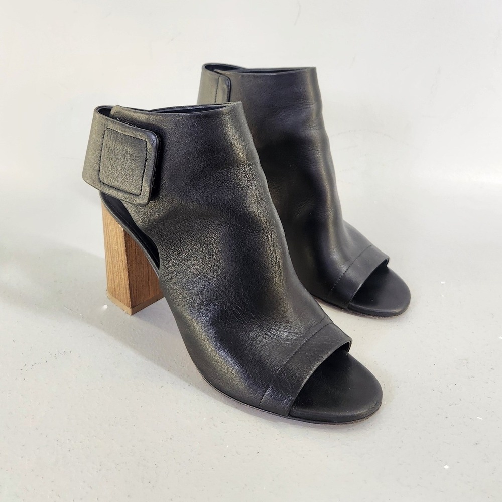 Vince Booties Women 6 Black Leather Peep Toe Wood Block Heel  Minimalist Luxury